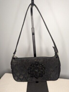 Y2K Vera Bradley Black Microfiber Floral Jewel Accent Demi Shoulder Bag
